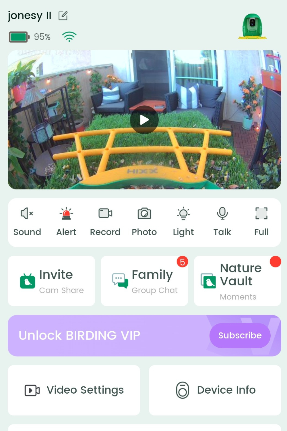 RichBird Smart Hummingbird Feeder with Camera live app view showing HD footage of a backyard patio with feeder in foreground. Features include alerts, recording, and nature vault access.