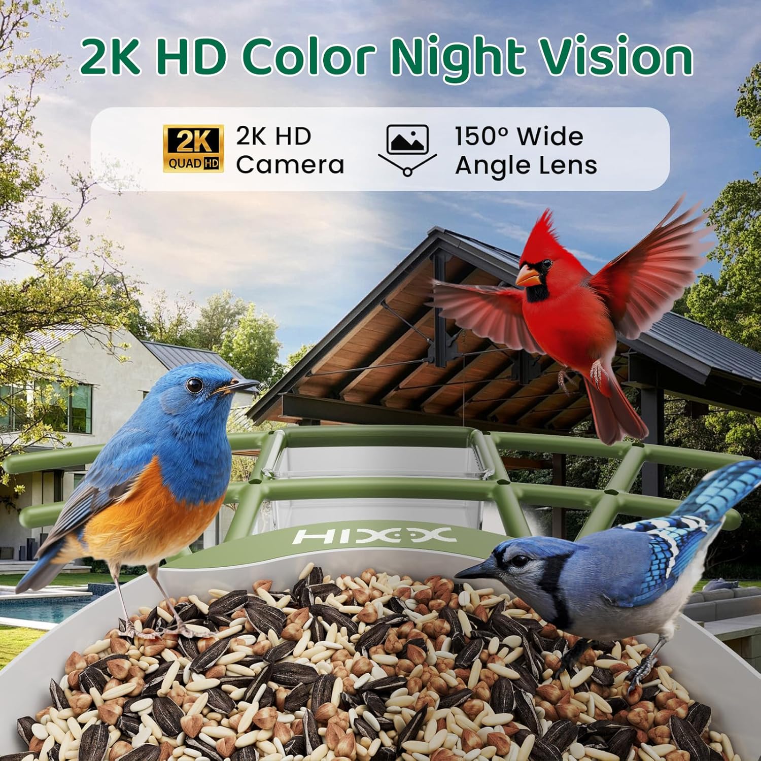 Free Season Smart Bird Feeder with Camera features 2K HD color night vision and 150° wide-angle lens, ideal for capturing wild birds in detail.